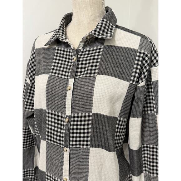 FARROW Patchwork Plaid Black White Button Up Long Sleeve Shirt Top Size S Small - Picture 2 of 4